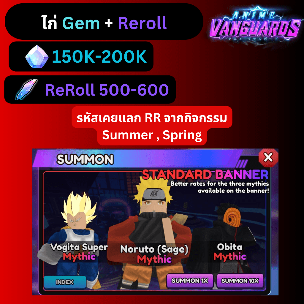 [Anime Vanguards] ไก่เพชร 150K - 200K + รีโรล 500-600 พร้อมเทรดเวล100+ (ใส่โค้ดได้รีโรลอีก) รีโรลก่อนอัพเดท 9 หาได้อีกเยอะ